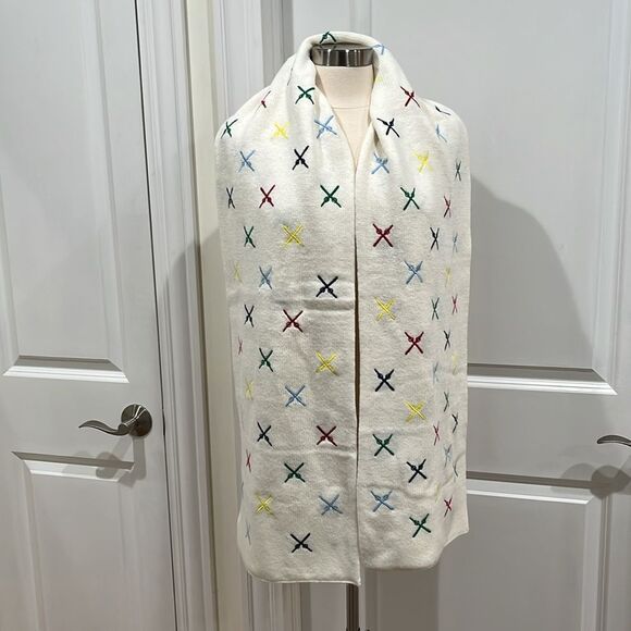 Mark & Graham Embroidered Ski Scarf Ivory Wool Blend Multicolor Ski Poles - Picture 4 of 12